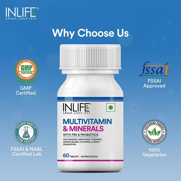 INLIFE Multivitamin Tablets For Men & Women with Ginseng & Prebiotic Probiotic | Multivitamin Supplement with Vitamin B12, C, D, E, Zinc & Biotin Nutrition Tablet