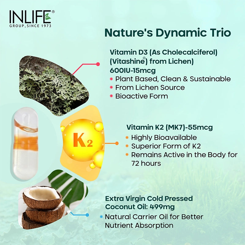 INLIFE Plant Based Vitamin D3 K2 Supplement, 600 IU - 60 Vegetarian Capsules