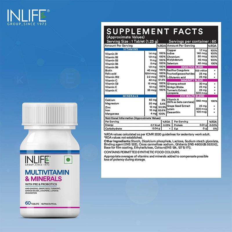 INLIFE Multivitamin Tablets For Men & Women with Ginseng & Prebiotic Probiotic | Multivitamin Supplement with Vitamin B12, C, D, E, Zinc & Biotin Nutrition Tablet