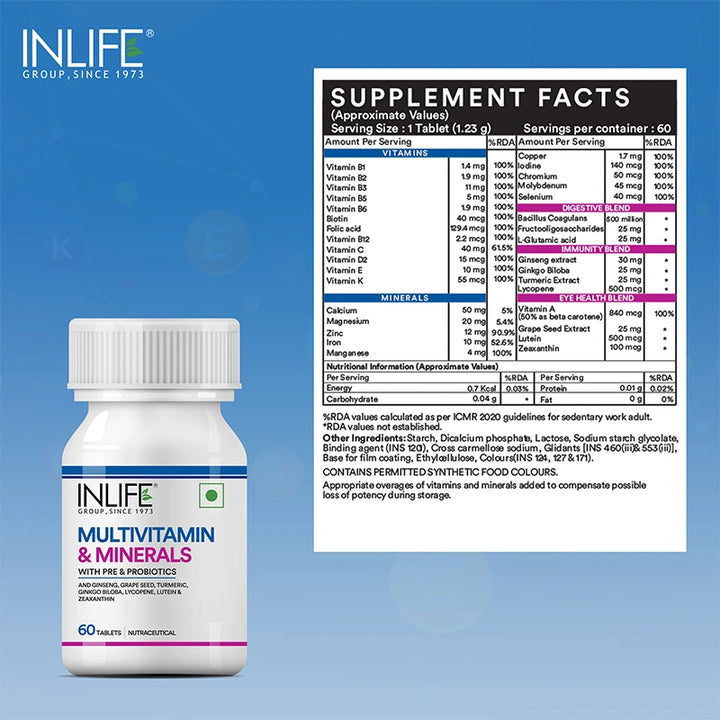 INLIFE Multivitamin Tablets For Men & Women with Ginseng & Prebiotic Probiotic | Multivitamin Supplement with Vitamin B12, C, D, E, Zinc & Biotin Nutrition Tablet