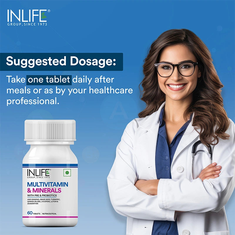INLIFE Multivitamin Tablets For Men & Women with Ginseng & Prebiotic Probiotic | Multivitamin Supplement with Vitamin B12, C, D, E, Zinc & Biotin Nutrition Tablet