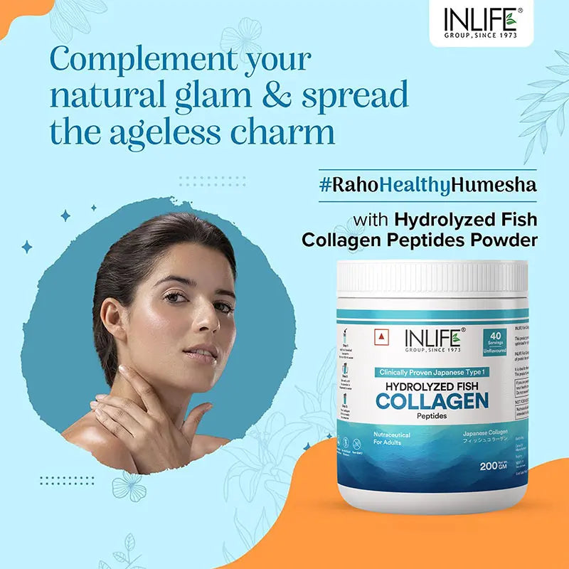 INLIFE Hydrolyzed Marine Fish Collagen Peptides Powder, Clinically Proven & Patented Ingredient, Skin Health, 200g (Unflavoured)