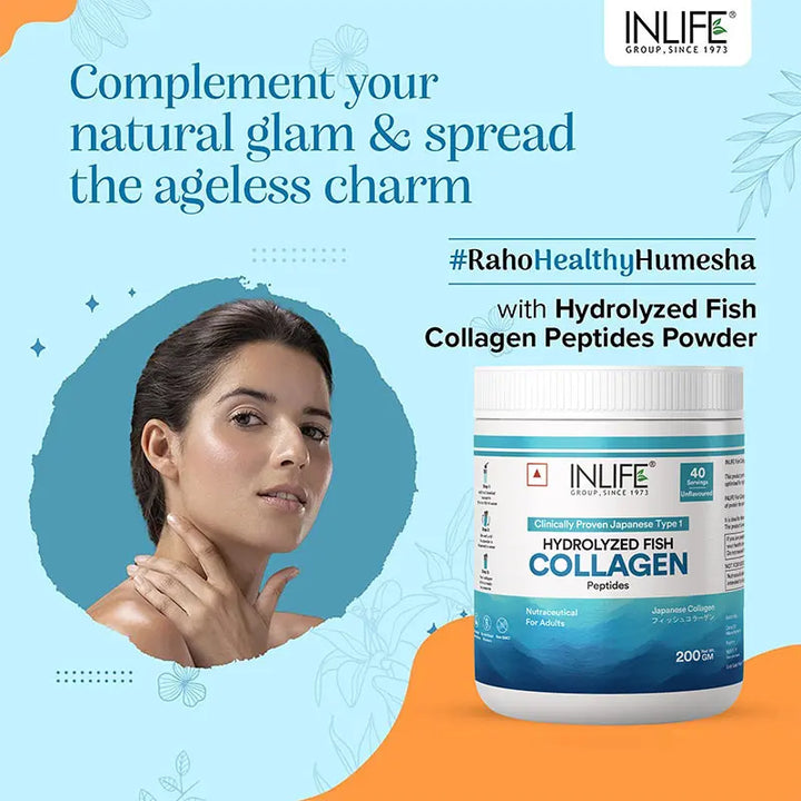 INLIFE Hydrolyzed Marine Fish Collagen Peptides Powder, Clinically Proven & Patented Ingredient, Skin Health, 200g (Unflavoured)