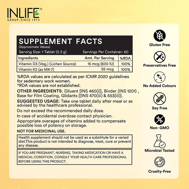 Inlife Plant-Based Vitamin D3 + K2 (MK7), 600 IU Lichen-Sourced D3 & 55 mcg MK7, Veg. Tablets
