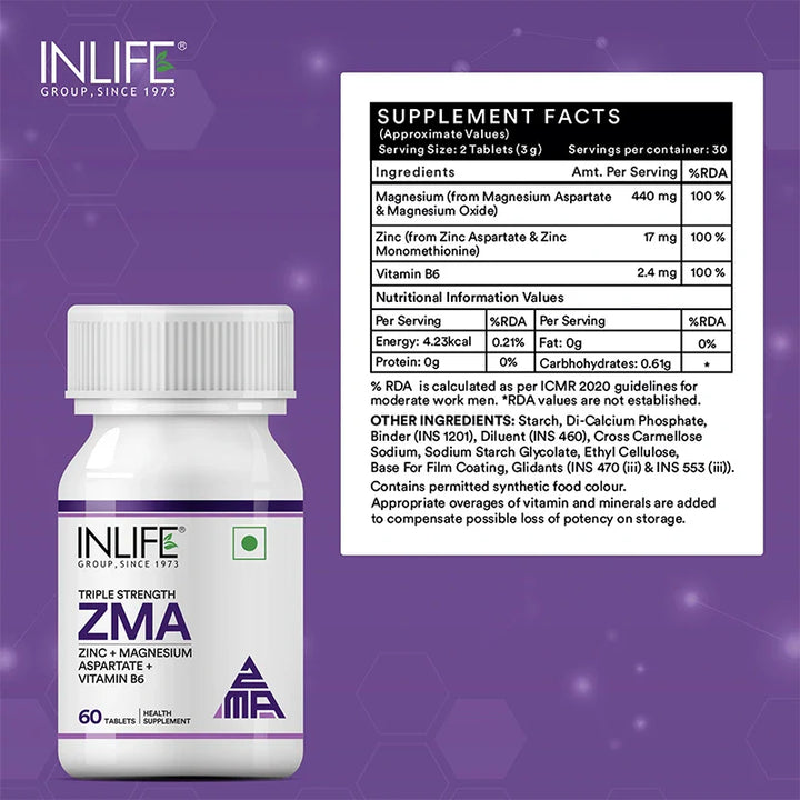 INLIFE ZMA- Zinc Magnesium Aspartate and Vitamin B6 Supplement