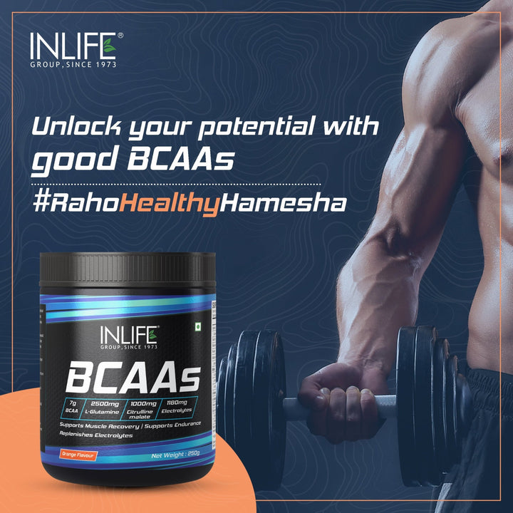 BCAA Supplement 7g Amino Acids Instantized for Pre Post & Intra Workout, 250g - INLIFE Healthcare (International)