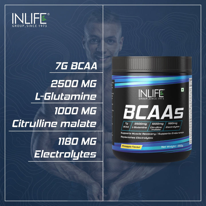 BCAA Supplement 7g Amino Acids Instantized for Pre Post & Intra Workout, 250g - INLIFE Healthcare (International)