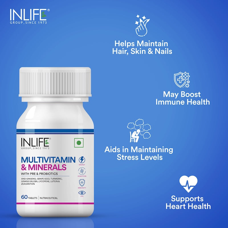 INLIFE Multivitamin Tablets For Men & Women with Ginseng & Prebiotic Probiotic | Multivitamin Supplement with Vitamin B12, C, D, E, Zinc & Biotin Nutrition Tablet