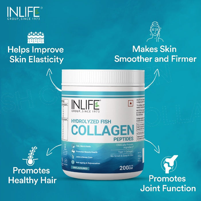 INLIFE Hydrolyzed Marine Fish Collagen Peptides Powder, Clinically Proven & Patented Ingredient, Skin Health, 200g (Unflavoured)