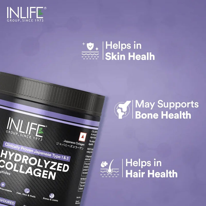 INLIFE Hydrolyzed Collagen Peptides Powder Clinically Proven Ingredient, Type 1 & 3, Skin Health, Bone Health Supplement - 200g (Unflavoured)