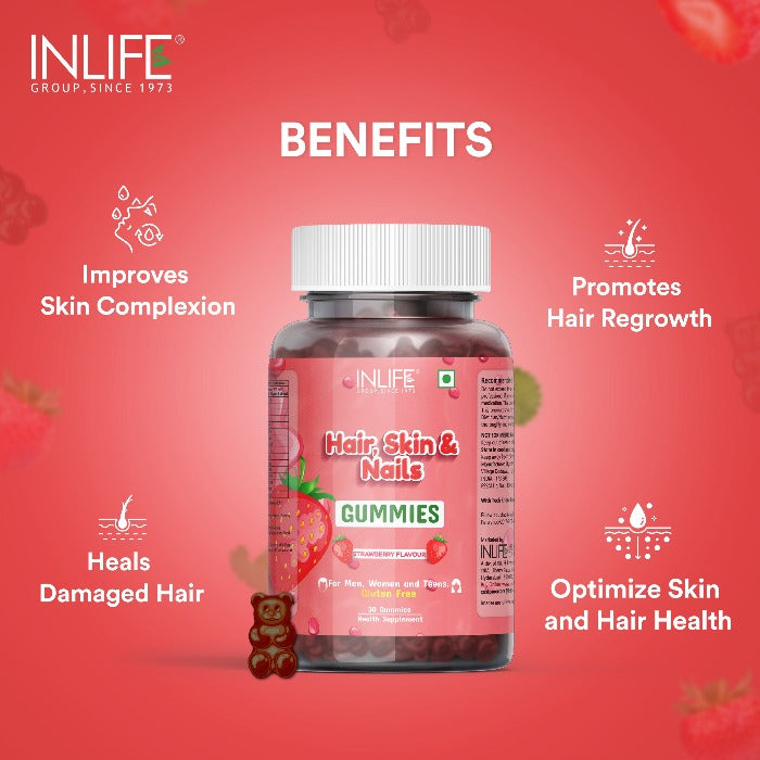 INLIFE Biotin Hair Gummies, Hair Skin & Nails Supplement (Strawberry)