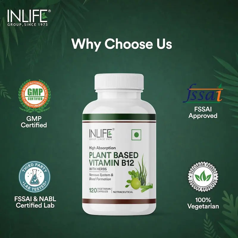 INLIFE Plant Based Vitamin B12 Supplements for Men & Women | Supports Nerve Health & Brain Health | Superfood Formula | B12 from Spirulina Extract