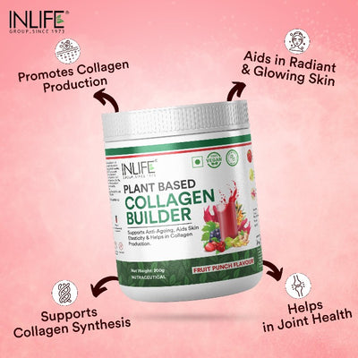 INLIFE Vegan Collagen Builder Supplements For Women and Men | Plant Based Collagen Powder - 200g (Fruit Punch)