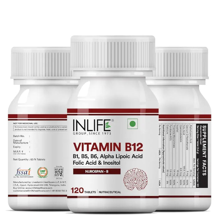 INLIFE Vitamin B12 With Alpha Lipoic Acid, Folic Acid, Inositol, B1, B5 & B6 Supplements Tablet, Supports Nerve Health, Immunity for Men & Women