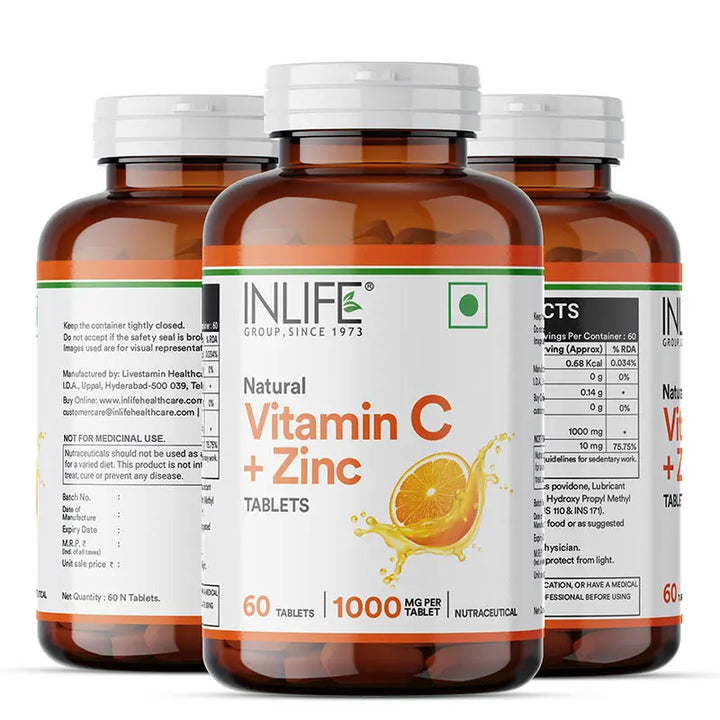 INLIFE Natural Vitamin C Amla Extract 1000mg with Zinc 10mg Supplement