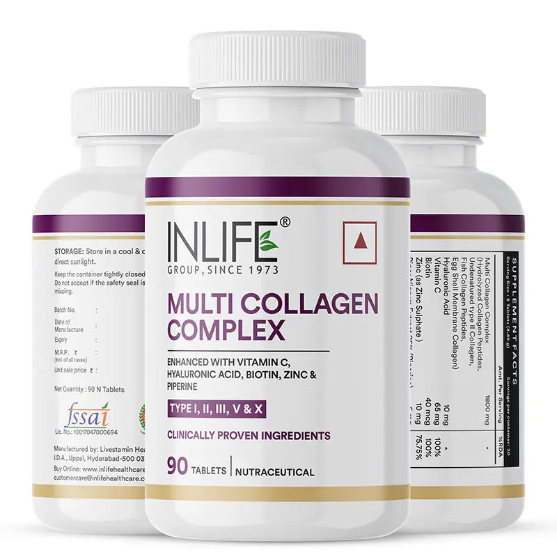 INLIFE Multi Collagen Complex Tablets | 5 Types Peptides I, II, III, V & X with Biotin, Hyaluronic Acid | Collagen Powder Supplements for Women & Men