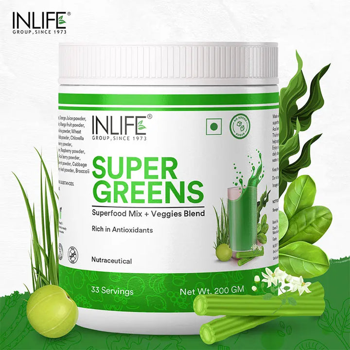 INLIFE Super Greens Powder Supplement | Energy, Immune Health - 200g