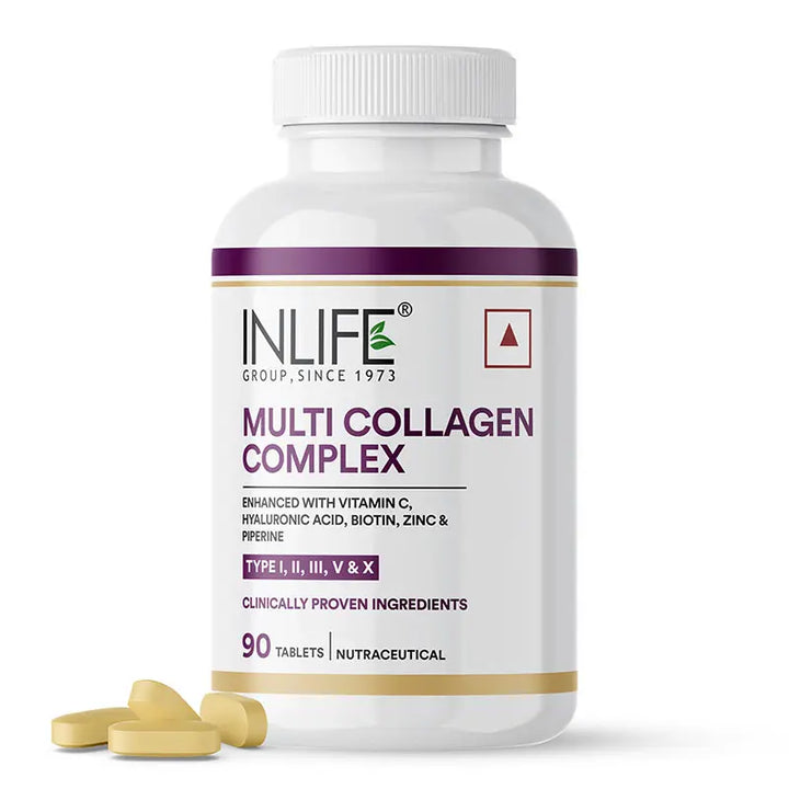 INLIFE Multi Collagen Complex Tablets | 5 Types Peptides I, II, III, V & X with Biotin, Hyaluronic Acid | Collagen Powder Supplements for Women & Men