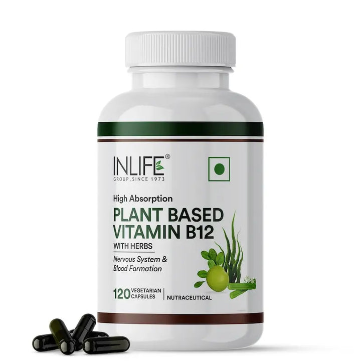 INLIFE Plant Based Vitamin B12 Supplements for Men & Women | Supports Nerve Health & Brain Health | Superfood Formula | B12 from Spirulina Extract