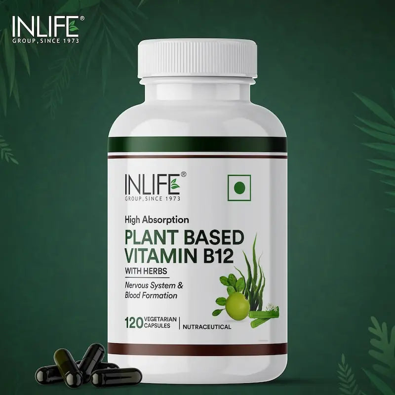 INLIFE Plant Based Vitamin B12 Supplements for Men & Women | Supports Nerve Health & Brain Health | Superfood Formula | B12 from Spirulina Extract