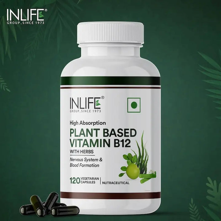 INLIFE Plant Based Vitamin B12 Supplements for Men & Women | Supports Nerve Health & Brain Health | Superfood Formula | B12 from Spirulina Extract