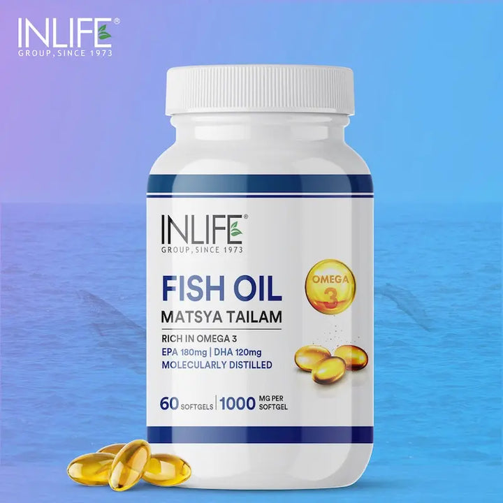 INLIFE Fish Oil Omega 3 Capsules 180mg EPA 120mg DHA Supplement, Molecularly Distilled, 1000mg