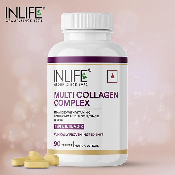 INLIFE Multi Collagen Complex Tablets | 5 Types Peptides I, II, III, V & X with Biotin, Hyaluronic Acid | Collagen Powder Supplements for Women & Men