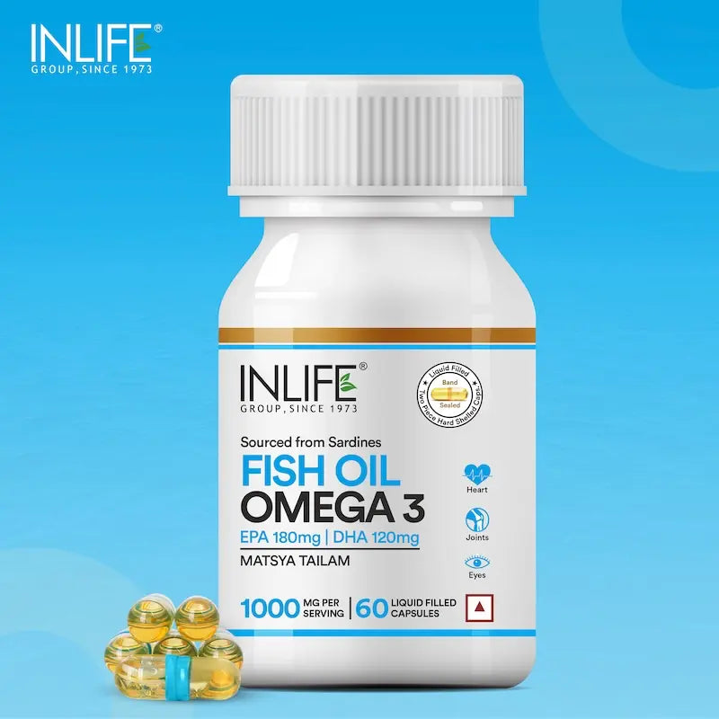 INLIFE Fish Oil Capsules Omega 3 1000mg | 180mg EPA & 120mg DHA | Promotes Brain, Heart, Joint & Eye Health - 60 Liquid Filled Capsules