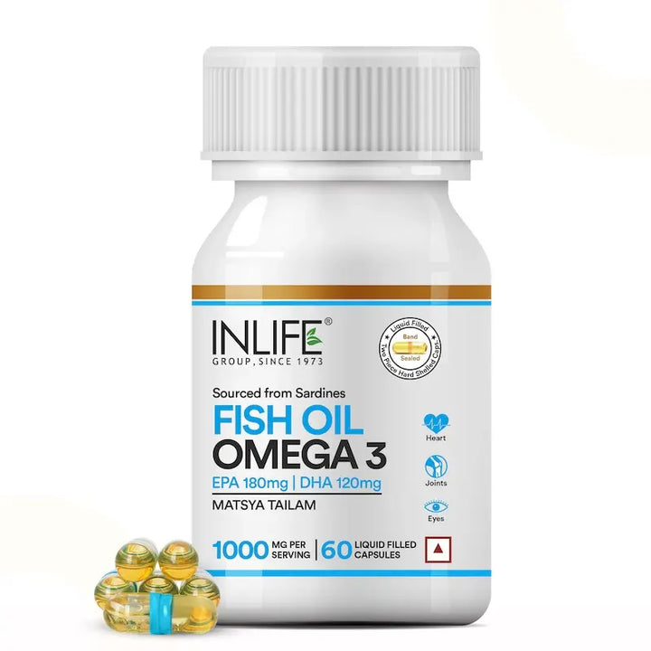 INLIFE Fish Oil Capsules Omega 3 1000mg | 180mg EPA & 120mg DHA | Promotes Brain, Heart, Joint & Eye Health - 60 Liquid Filled Capsules