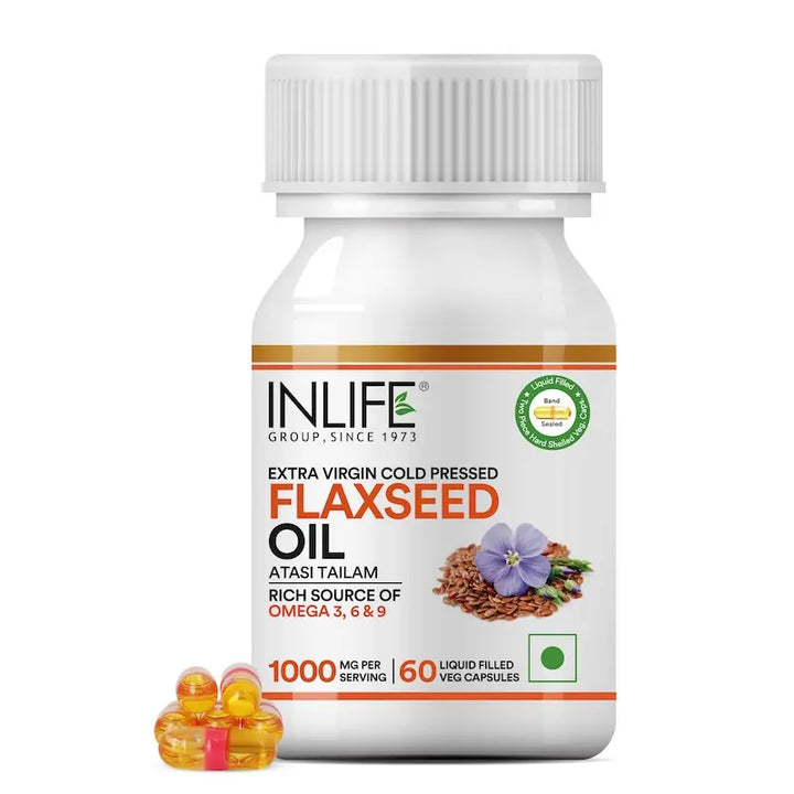 INLIFE Flaxseed Oil Veg Omega 3 6 9 Supplement, Extra Virgin Cold Pressed 500 mg - 60 Vegetarian Capsules