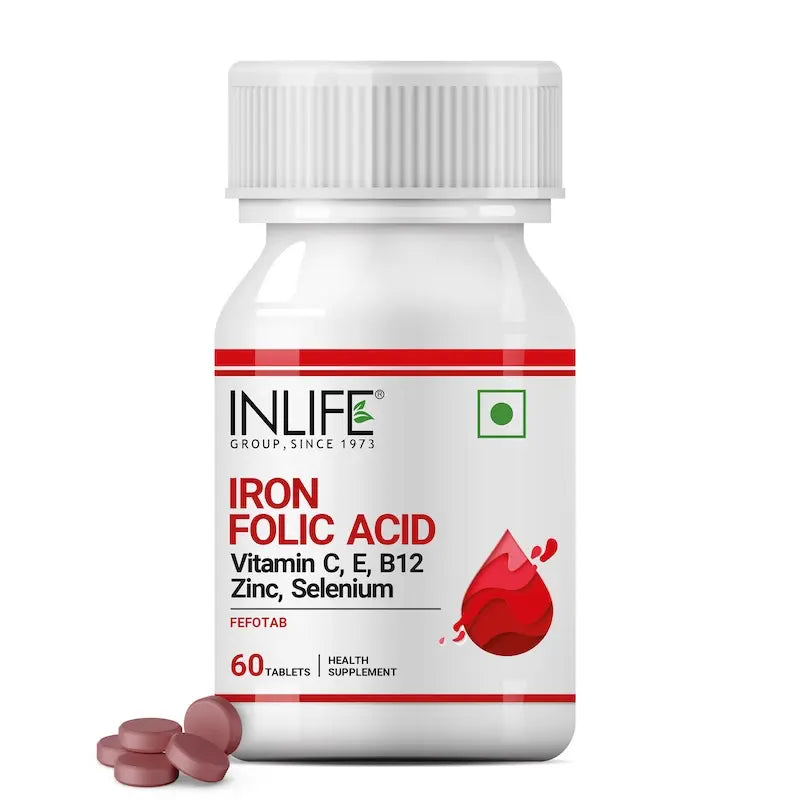 INLIFE Chelated Iron, Folic Acid, Vitamin C, E, B12, Zinc & Selenium Supplement