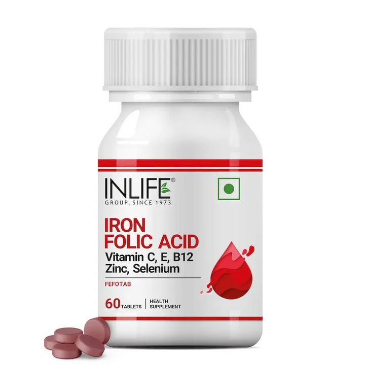 INLIFE Chelated Iron, Folic Acid, Vitamin C, E, B12, Zinc & Selenium Supplement