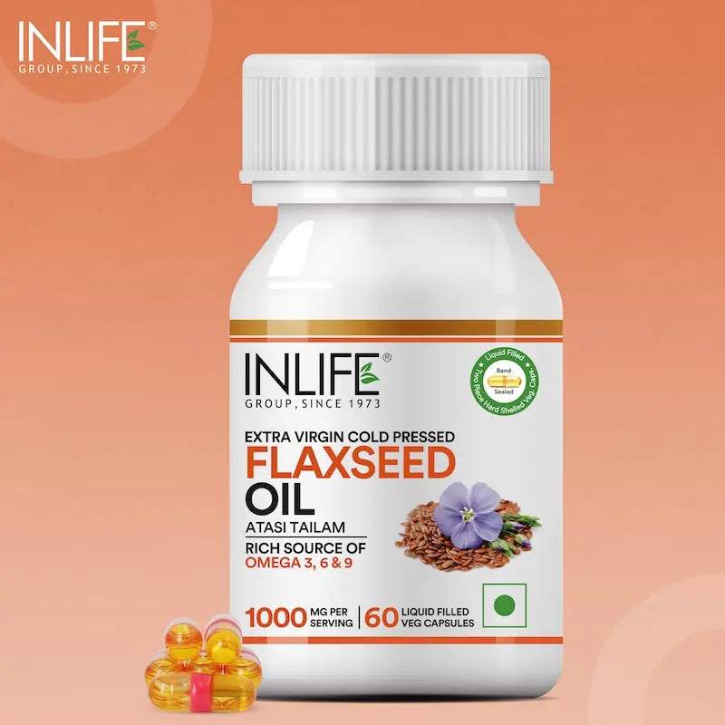 INLIFE Flaxseed Oil Veg Omega 3 6 9 Supplement, Extra Virgin Cold Pressed 500 mg - 60 Vegetarian Capsules