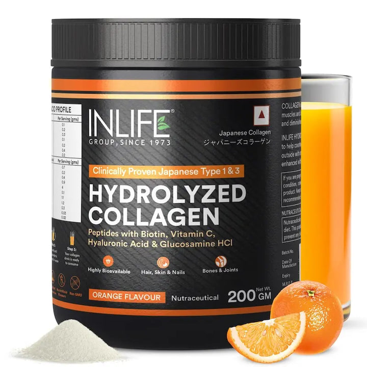 INLIFE Hydrolysed Collagen Peptides Supplement with Glucosamine, Hyaluronic Acid, Vitamin C, Biotin (200g)