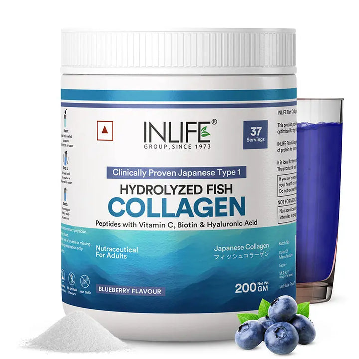 INLIFE Japanese Marine Collagen Supplements for Women & Men | Fish Collagen Powder for Skin & Hair | Clinically Proven Ingredient with Biotin, Hyaluronic Acid, Vitamin C & Glucosamine