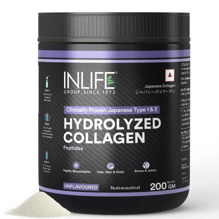 INLIFE Hydrolyzed Collagen Peptides Powder Clinically Proven Ingredient, Type 1 & 3, Skin Health, Bone Health Supplement - 200g (Unflavoured)