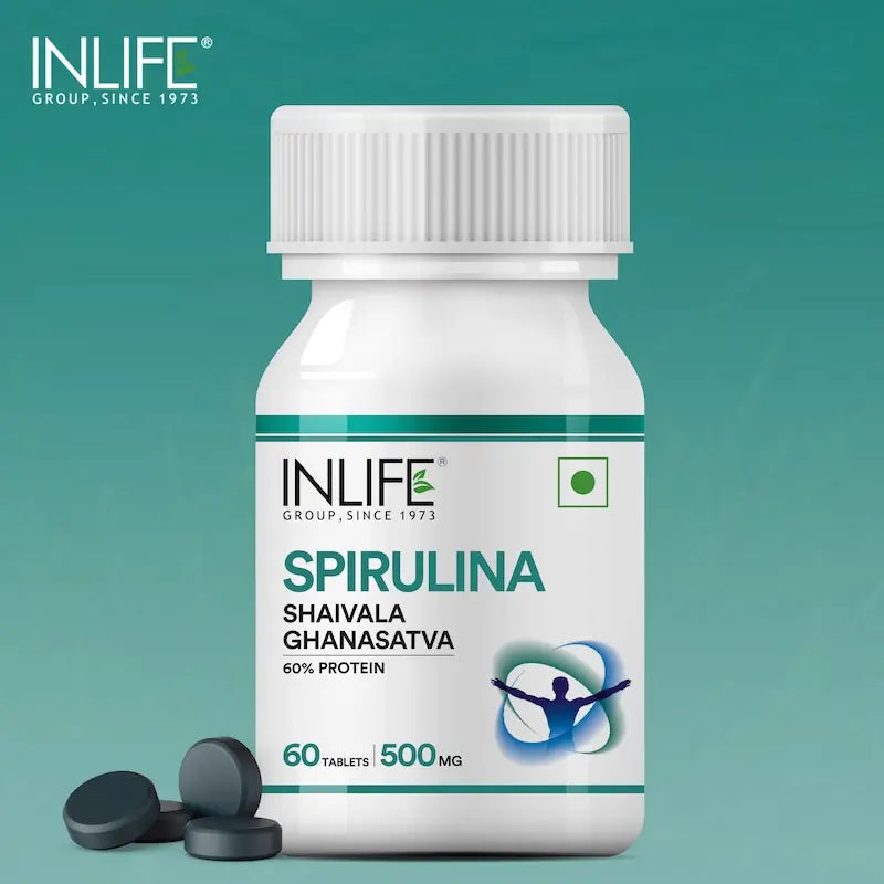 INLIFE Spirulina Tablets 500 mg | Green Superfood Supplement | Nutritional Supplement Protein Fiber Antioxidants