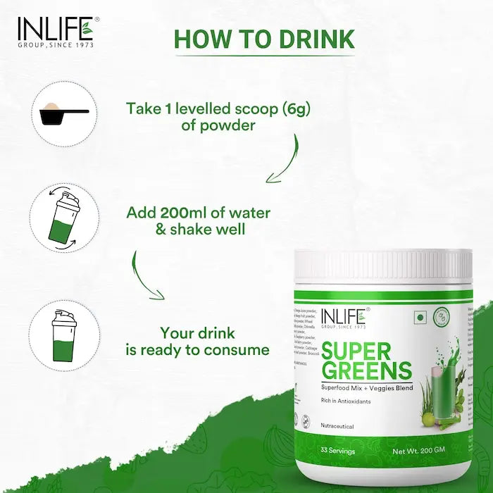 INLIFE Super Greens Powder Supplement | Immune Support, Energy Boost, Detox - 200g