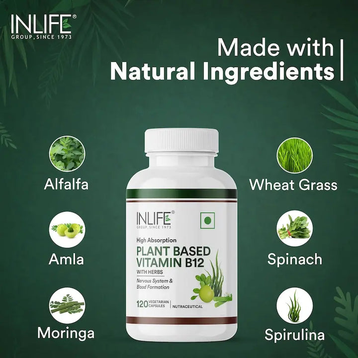 INLIFE Plant Based Vitamin B12 Supplements for Men & Women | Supports Nerve Health & Brain Health | Superfood Formula | B12 from Spirulina Extract