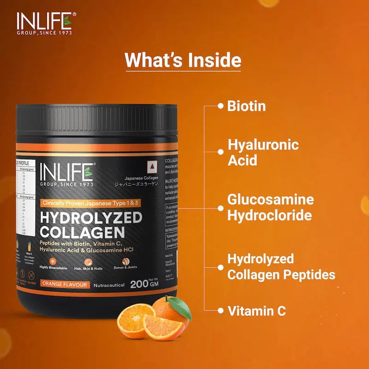 INLIFE Hydrolysed Collagen Peptides Supplement with Glucosamine, Hyaluronic Acid, Vitamin C, Biotin (200g)