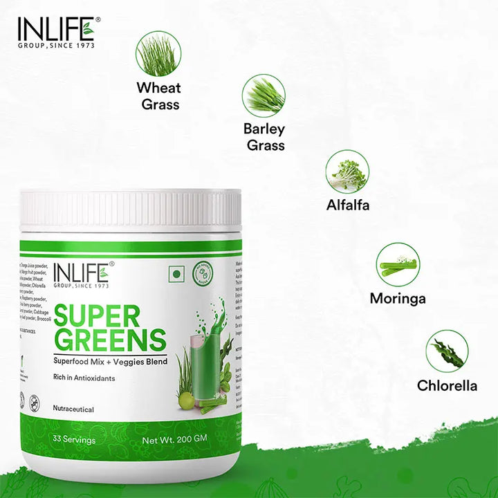 INLIFE Super Greens Powder Supplement | Energy, Immune Health - 200g