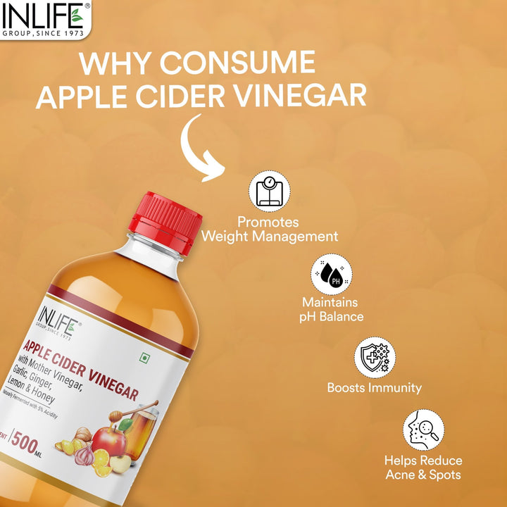 INLIFE Apple Cider Vinegar with Garlic Ginger Lemon Honey & Mother of Vinegar Raw Unfiltered Unpasteurized - 500 ml - INLIFE Healthcare (International)