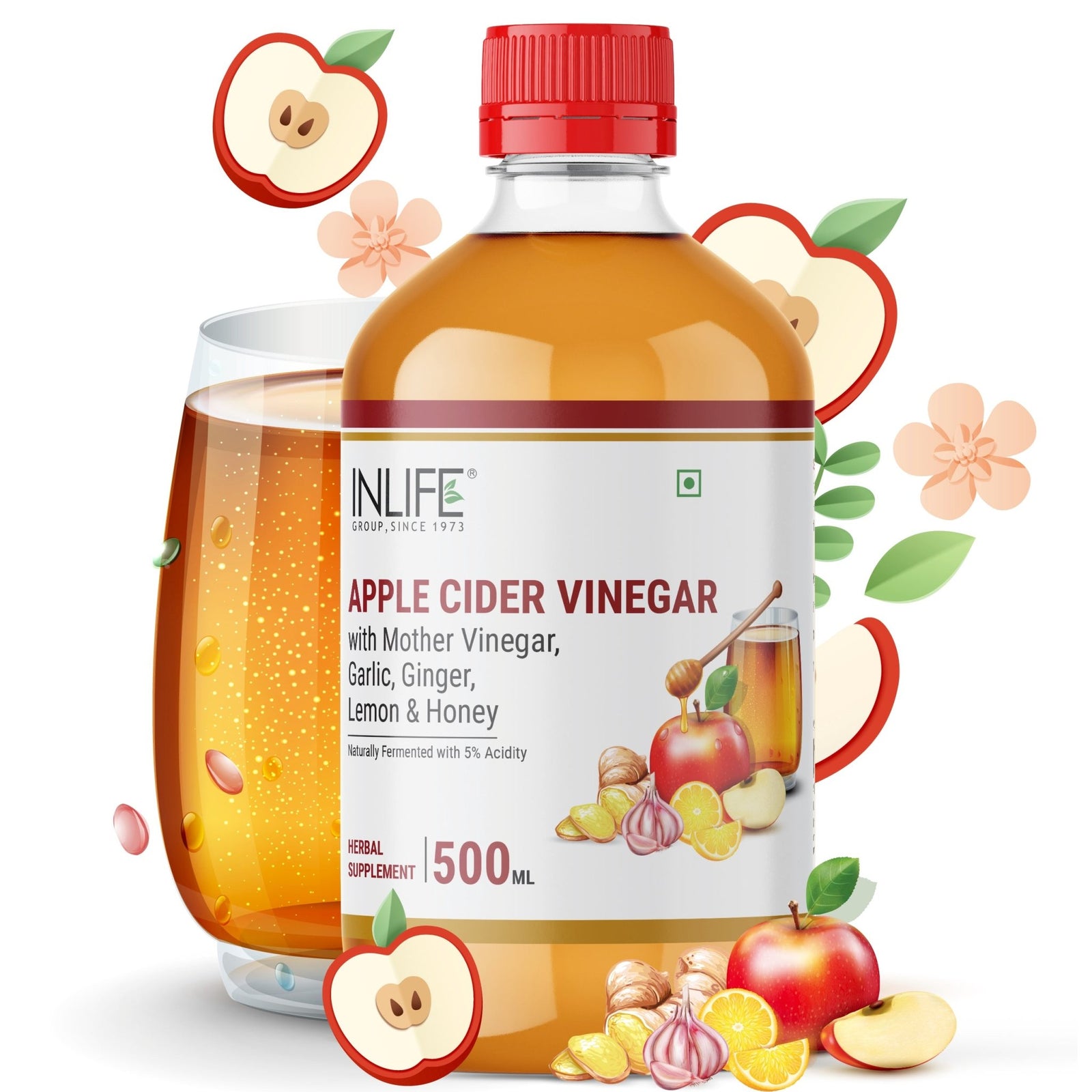 INLIFE Apple Cider Vinegar with Garlic Ginger Lemon Honey & Mother of Vinegar Raw Unfiltered Unpasteurized - 500 ml - INLIFE Healthcare (International)