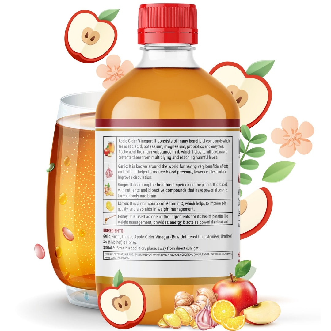 INLIFE Apple Cider Vinegar with Garlic Ginger Lemon Honey & Mother of Vinegar Raw Unfiltered Unpasteurized - 500 ml - INLIFE Healthcare (International)