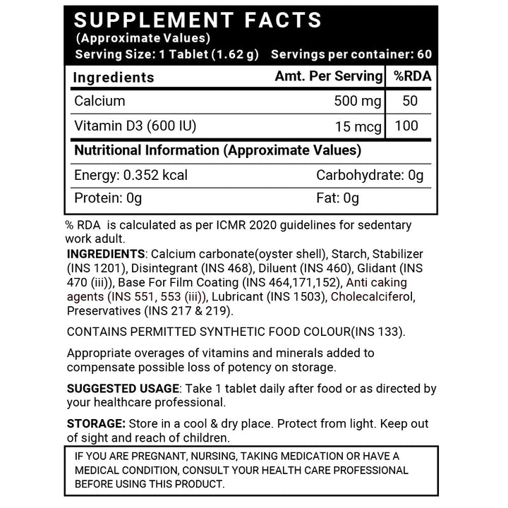 INLIFE Calcium 500 mg Vitamin D3 400 IU Supplement for Men Women - INLIFE Healthcare (International)