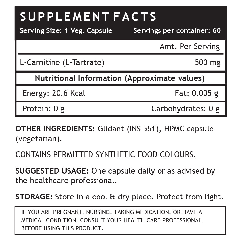 INLIFE L - Carnitine L - Tartarate Supplement, 1000 mg - INLIFE Healthcare (International)