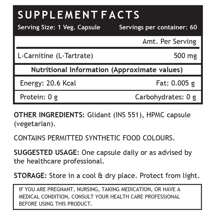 INLIFE L - Carnitine L - Tartarate Supplement, 1000 mg - INLIFE Healthcare (International)