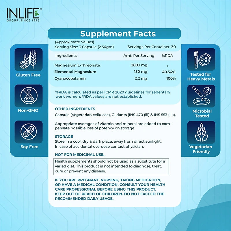 Inlife Magnesium L-Threonate-Capsules, High-Absorption Magnesium , Veg. Capsules