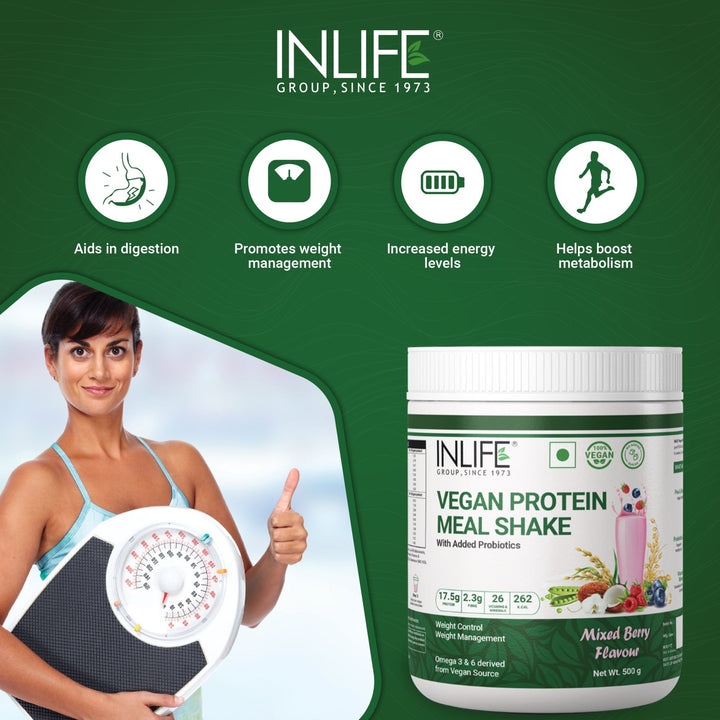 INLIFE Vegan Meal Replacement Shake for Weight Control, Plant Protein Powder (17.5 Protein), Sugar Free with Added Probiotics, 500g (Mixed Berry) - INLIFE Healthcare (International)