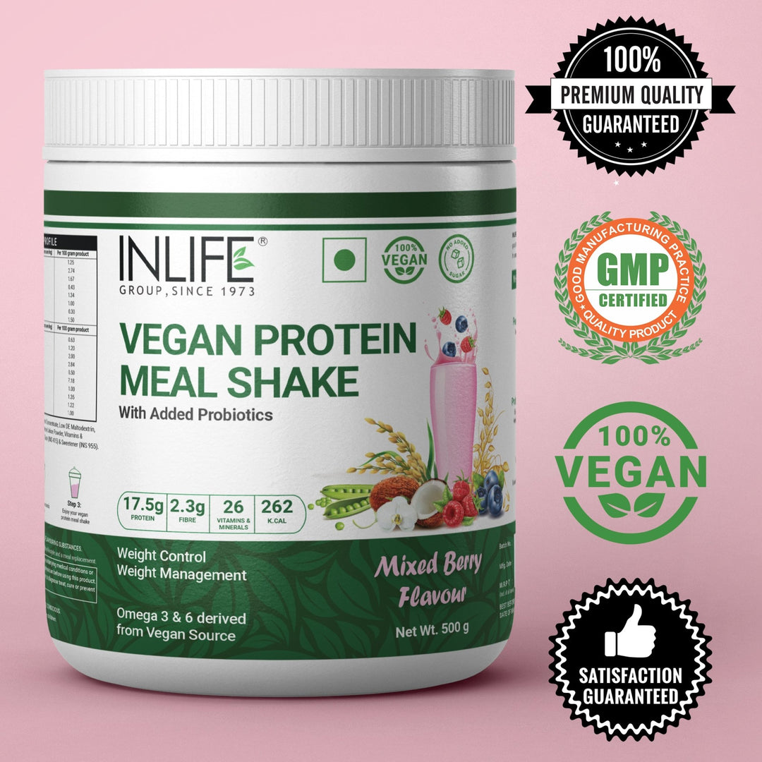 INLIFE Vegan Meal Replacement Shake for Weight Control, Plant Protein Powder (17.5 Protein), Sugar Free with Added Probiotics, 500g (Mixed Berry) - INLIFE Healthcare (International)